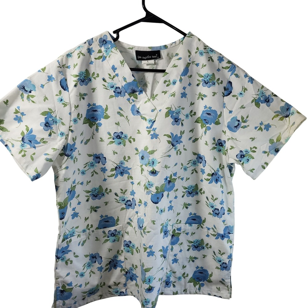 Los Angeles Rose Floral Scrub Top Blue Green White V-Neck‎ Medical Uniform L